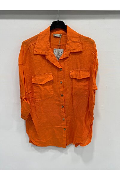 della moor Women's Orange Italian Folded Long Sleeve Oversize Long Linen Shir...