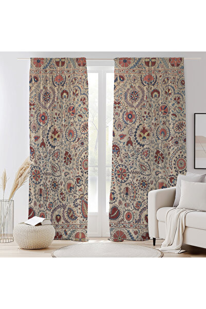 Hanna Home Modern Bej Kahverengi Floral Desenli Kadife Görünümlü Salon Fon Perde