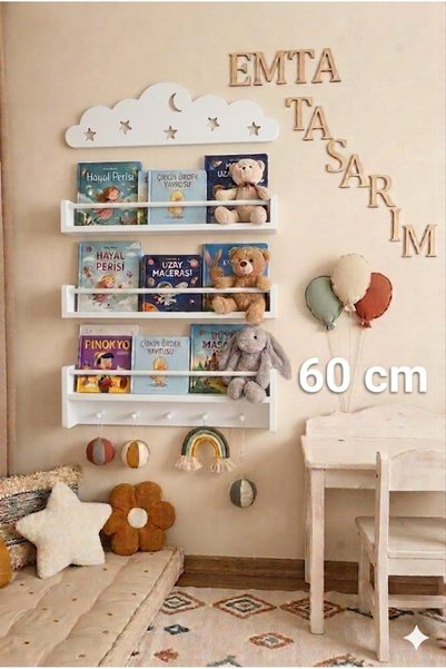 emta tasarım 60 cm Beyaz 3 lü set raf askılık Montessori kitaplık çocuk odası...