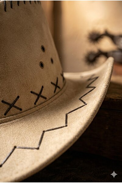 Belifanti Collection Pălărie de cowboy din nubuc, bej, unisex, cu șireturi, în stil Western Country