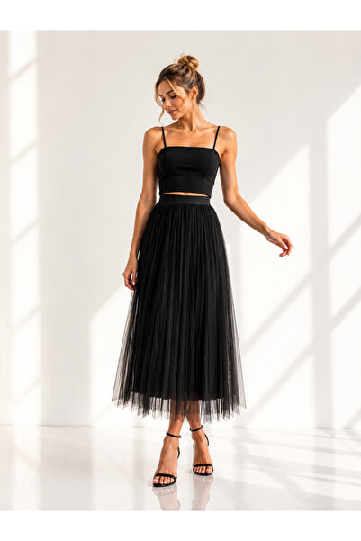 Ekol Lace Inner Fabric Pleated Midi Skirt