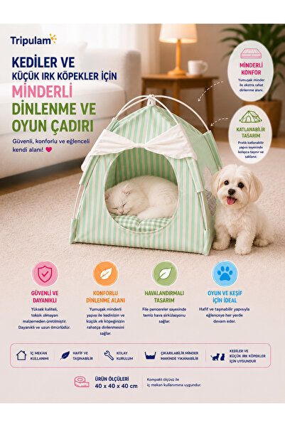 TRİPULAM Minderli Evcil Hayvan Dinlenme ve Oyun Çadırı – Katlanabilir Kedi ve...