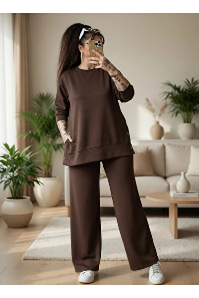 AZRA BUTİK Wide Leg Snap Fastener Set Brown