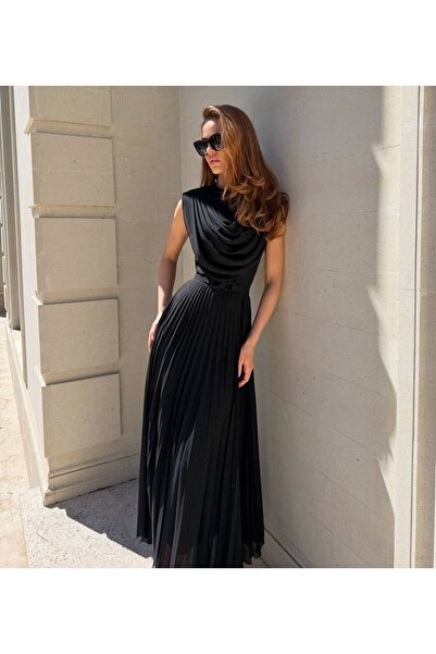 LOKADI Women's Black Double-Breasted Collar Draped Helen Model Pleated Maxi L...