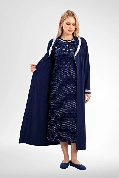 By Mecit Pijama Women's Plus Size Polka Dot Long Sleeve Dressing Gown and Sho...