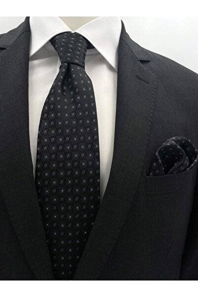 Brianze 8 cm Black Gray Patterned Tie and Handkerchief Set