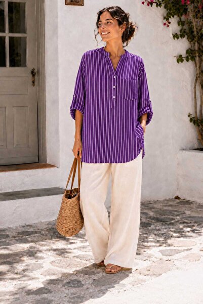 Butik Şans Women's Striped Button Detailed Oversize Three Quarter Sleeve Ital...