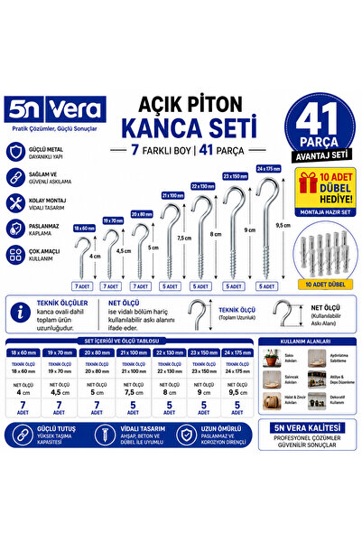 5NVERA 41 Parça Açık Piton Kanca Seti + 10 Dübel Hediyeli | 18x60 19x70 20x80...