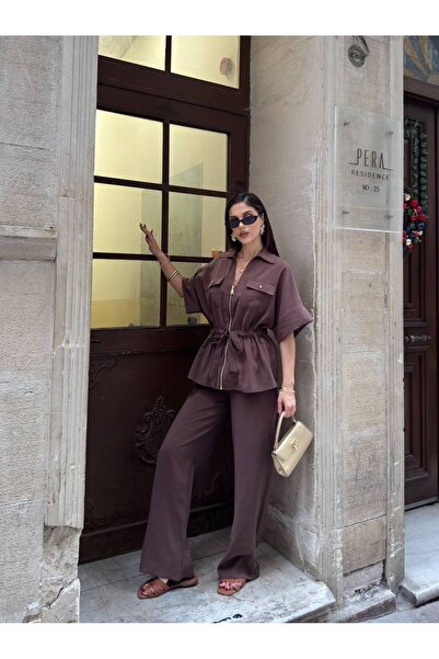 CELITA Kadın Tencel Beli Bağlamalı Kısa Fermuarlı Bluz Oversize Pantolon Takım