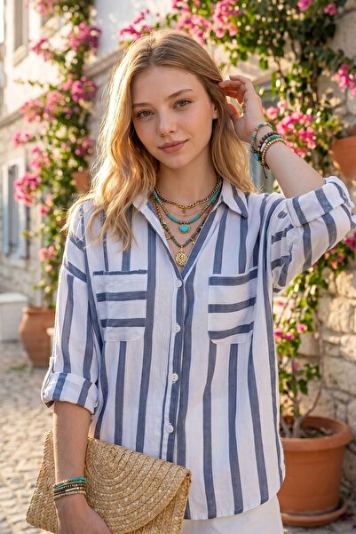 bacc Navy Blue Honeycomb Woven Cotton Striped Double Pocket Oversize Shirt