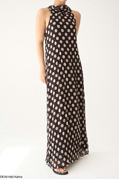SONGÜLBERİK Women's Premium Polka Dot Patterned Pleated Maxi Dress