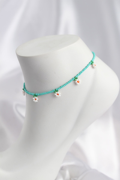 MEKs Turquoise Color Beaded Daisy Motif Anklet 5886 - Hep-3932-5769