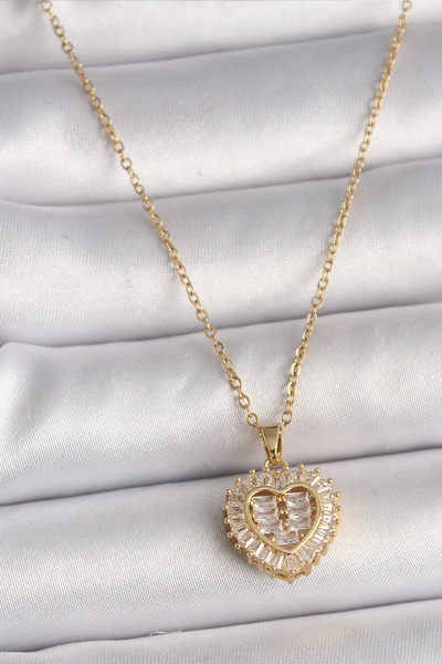 ETC 316L Steel Gold Color Chain Zircon Stone Heart Model Women's Necklace 588...