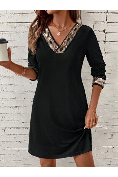 Efnaz style Women's Long Sleeve V-Neck Sequin Detailed Mini Imported Crepe Dr...