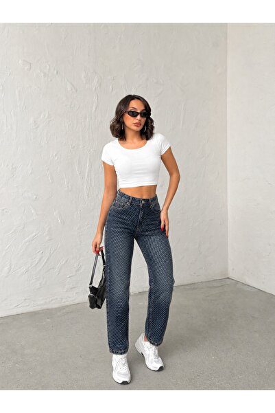 blue wings denım co. Green Tinted Front Leg Stone-Embellished Mom Jeans Denim...