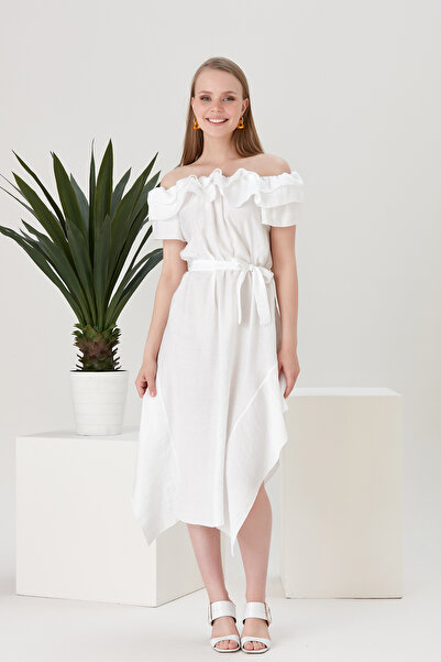 MONAMORE Women's Asymmetrical Cut Washed Linen Madonna Collar Dress