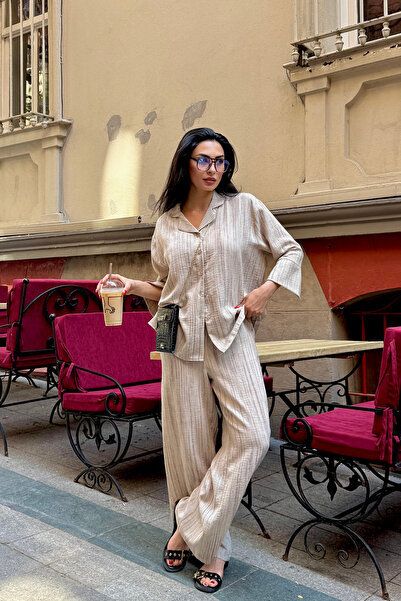 Ortaya Çık Beige Casual Shirt Pants Linen Set