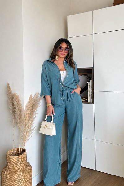 Mivida Kadın Tencel Kumaş Yarım Kol Gömlek Pantolon Denim Takım
