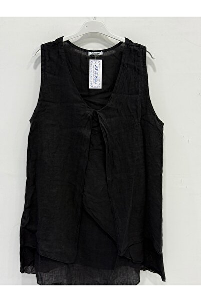 della moor Black Italian Varev Cut Zero Sleeve Linen Linen Blouse 40 - 44 Size