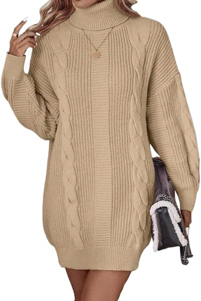 Elfin Casual knitted dress for women, long sleeves, cream M