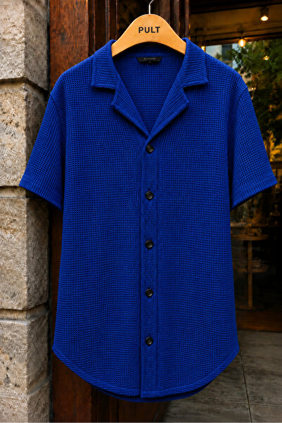 PULT Men's Waffle Textured Short Sleeve Shirt Slim Fit Buttoned Polo Collar O...