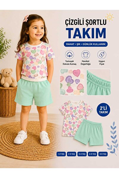 Kinlee Kız Çocuk Kalp Desenli Şortlu Takım Pamuklu Yazlık 2’li Takım
