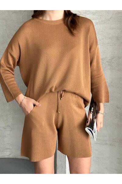 elbisereyonda Fakir Kol Oversized Tricot Shorts Set