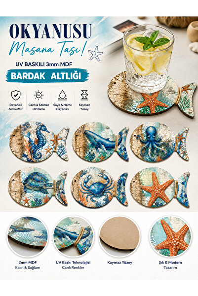 HG Home&Game Set of 6 Ocean-Themed Fish-Shaped Coasters – 3mm Mdf Uv Printed ...