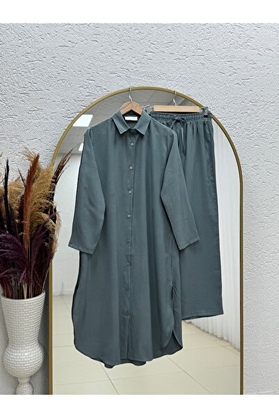 BENAHOLL Şadiye Buttoned Cupra Long Trousers Set-Pe10 Petrol Blue