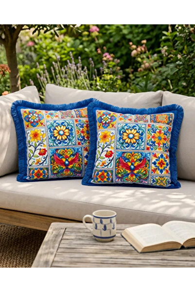 white rabbit home Majolica Patterned and Saks Blue Fringed 2-Piece Throw Pill...