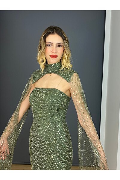 gökkuşagı moda Haki Straplez Boyundan Pelerinli İşli Uzun Abiye Elbise