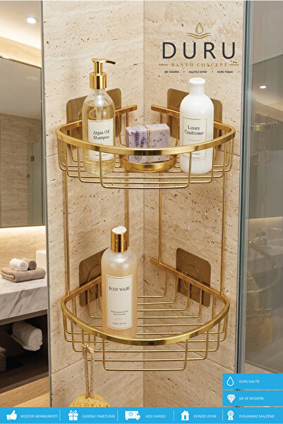 DURUBANYOCONCEPT PRİNÇ GOLD KAPLAMA BANYO KÖŞE RAFI ŞAMPUANLIK İKİ KATLI