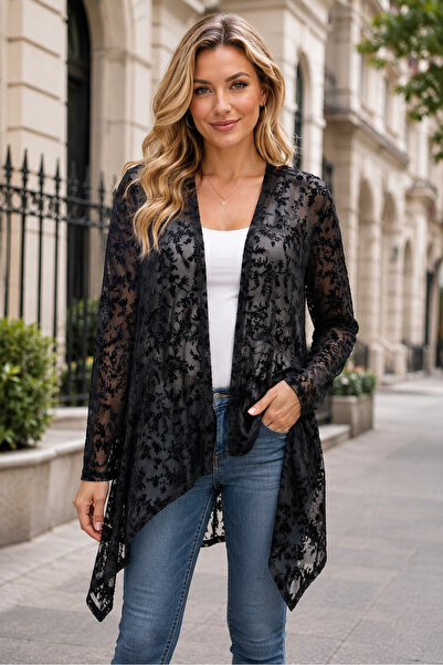 IŞILTI Women's Long Sleeve Lace Kimono Floral Pattern See-Through Elegant Bla...