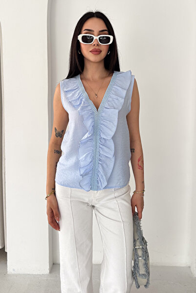 Noa&Noa Women's Ruffle Detailed Sleeveless Blouse V-Neck Stylish Blouse