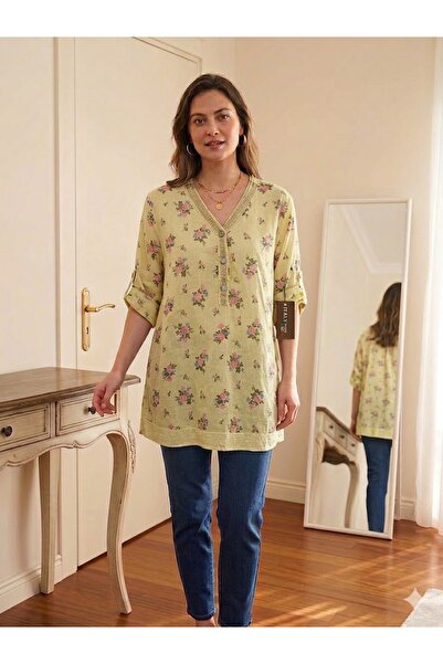 AYASOFYA OTANTIK Women's Italian Yellow Sequin Buttoned Collar Crisp Rose Pat...