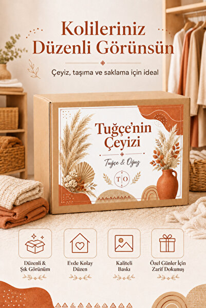 cabuk baskı İsme Özel Çeyiz Koli Etiketi 10 Adet A4 Bohem Yatay Tasarım Gelin...