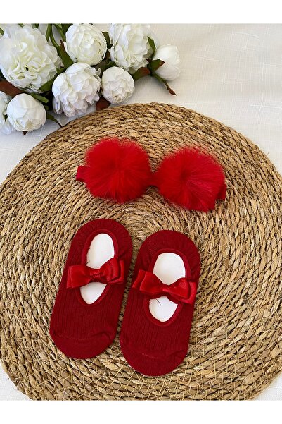 DEFLİN BABY KIZ BEBEK PONPONLU BANDANA FİYONKLU ÇORAP SET