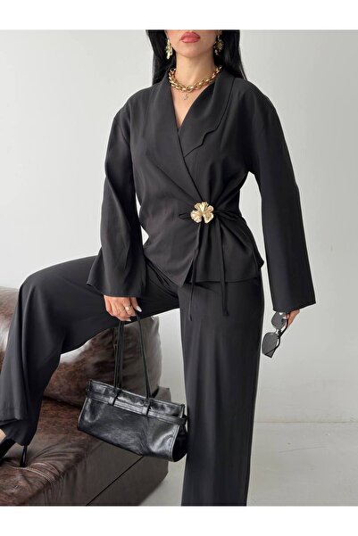 buqre's moda Thin Brooch Tie-Up Oversized Modal Jacket and Trousers Set