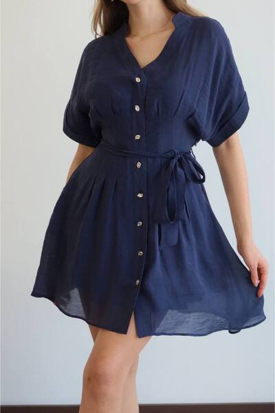 LOKADI Women's Waist-Tied Buttoned Double-Breasted Collar Mini Chiffon Dress