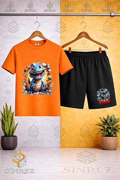 SİNREZ تي شيرت مطبوع عليه DINOSAUR BLUE MAGARADAN CIKAN ذو ياقة دائرية - طقم ...