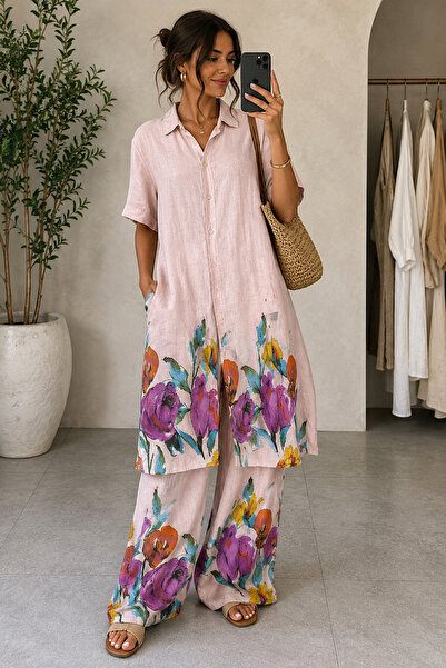 Marjinal Women's Floral Patterned 100% Linen Double Set