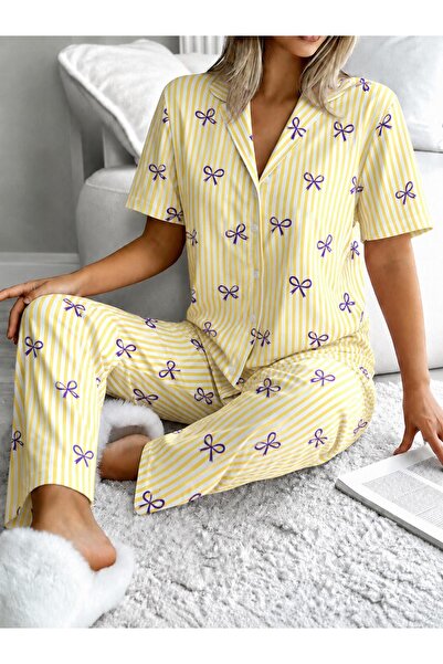 pinguiplus mor fiyonk desenli yazlık pijama takımı