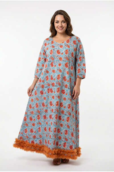 OEM Long dress with ruffles in hand-printed Cotton