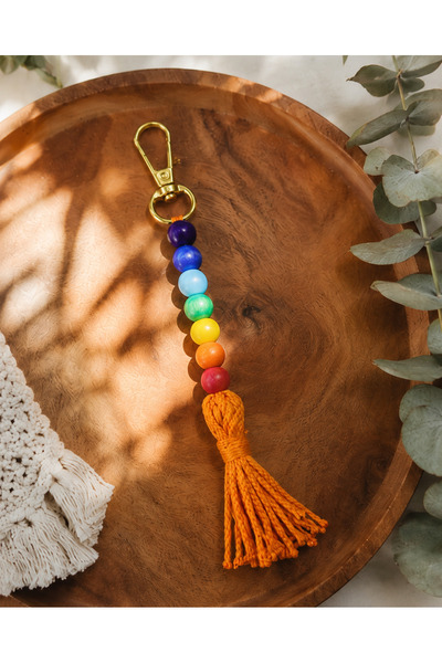 MİAKA Handmade 7 Çakra Boncuklu Püsküllü Anahtarlık, Renkli Ahşap Boncuklu Bo...