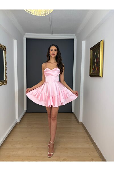 gökkuşagı moda Pembe Saten Sırtı Bağlamalı Kısa Abiye Elbise