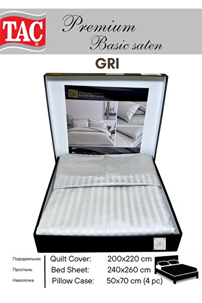 Taç Premium Basic Stripe Gray Satin Double Duvet Cover Set