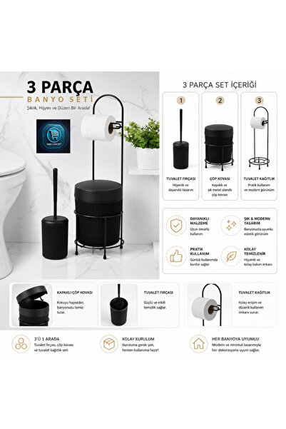 MAViHOME Premium Lüks 3’lü Banyo Aksesuar Seti Modern Tasarım