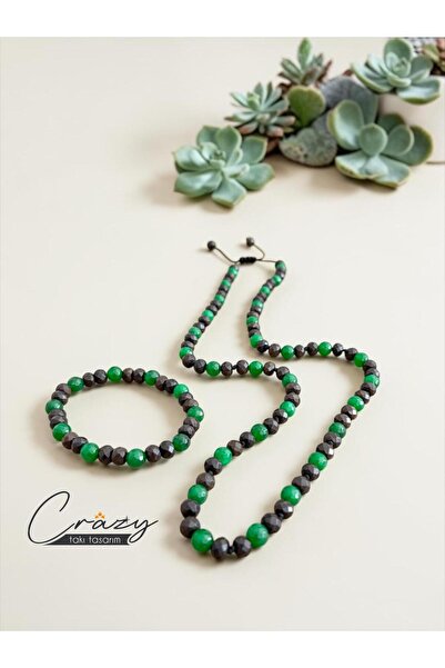 CRAZY TAKI TASARIM 8 mm Green Ceyt & Obsidian Natural Stone 70-80 cm Long Men...