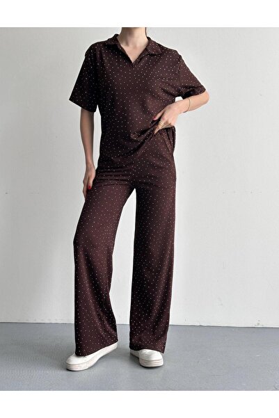 eBaa fashıon Stone-Faced Top and Bottom Polo Collar Set