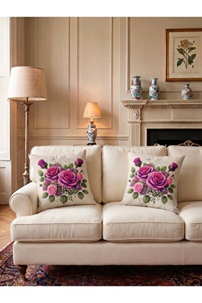 MİNOZA Digital Printed Patterned Decorative Throw Pillow Covers Set of 2 / Purple Roses
